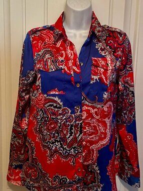 Jones New York  Signature Size PS / CH Red Blue Paisley w Roll up Sleeves / Wash